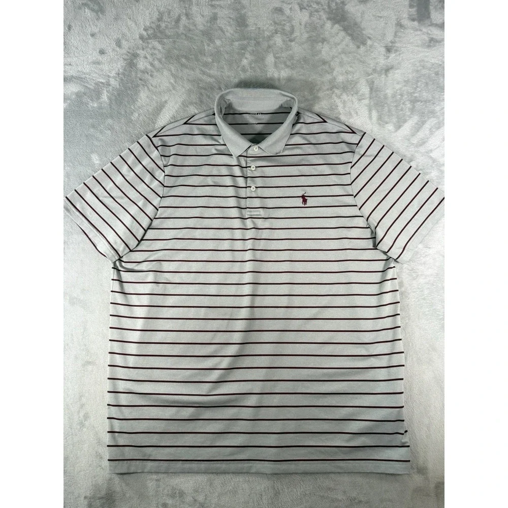 Polo Ralph Lauren Shirt Men's XL Grey Burgundy Striped Performance Polo